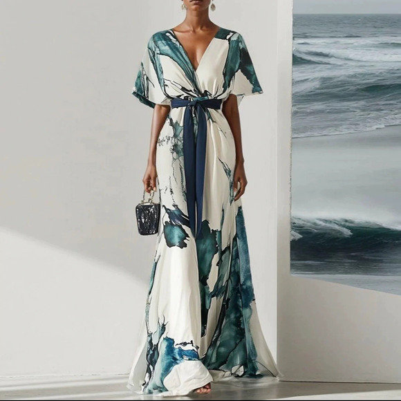 Dresses & Skirts - ZARA Womens Digital Print Drawstring Short Sleeve Collared Maxi Dress